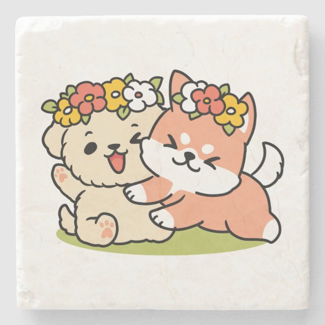 Spring Into Cuteness – Adorable Dog Illustration  Stone Coaster (Front)