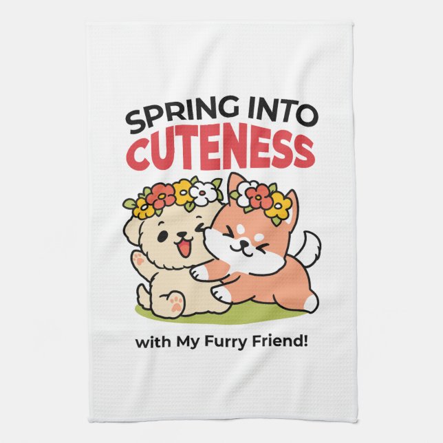 Spring Into Cuteness – Adorable Dog Illustration  Tea Towel (Vertical)