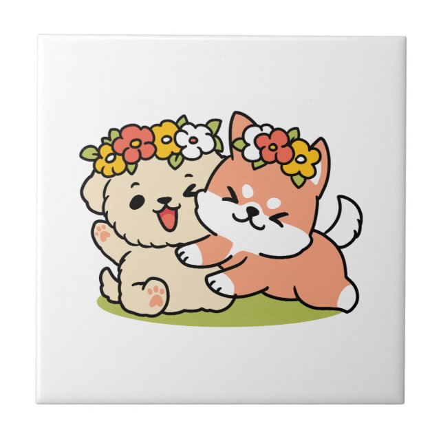 Spring Into Cuteness – Adorable Dog Illustration  Tile (Front)