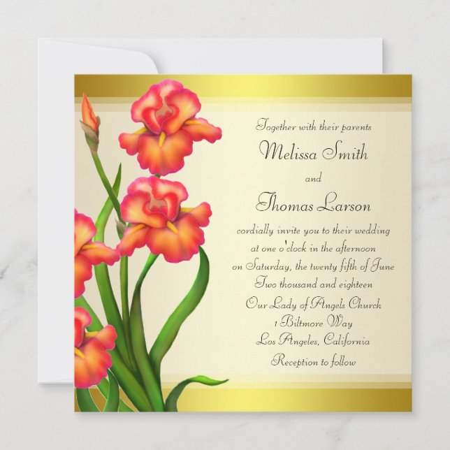 Spring Iris Flowers on Gold Wedding Invitation (Front)
