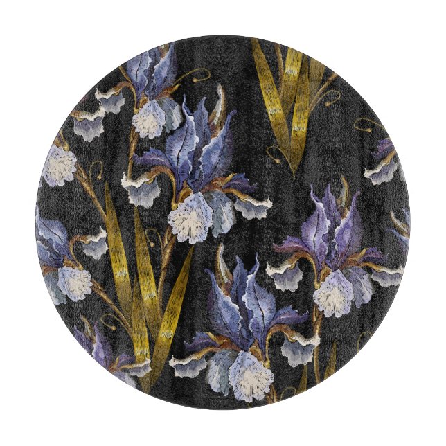 Spring Irises: Embroidery Renaissance Art Cutting Board (Front)