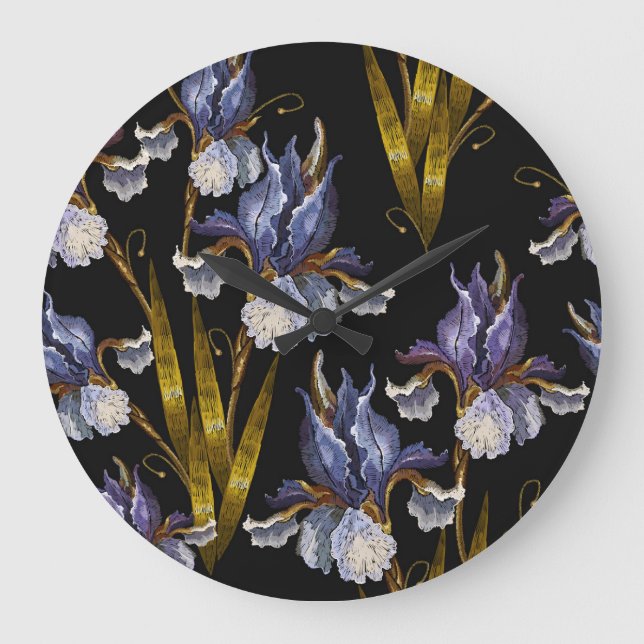Spring Irises: Embroidery Renaissance Art Large Clock (Front)