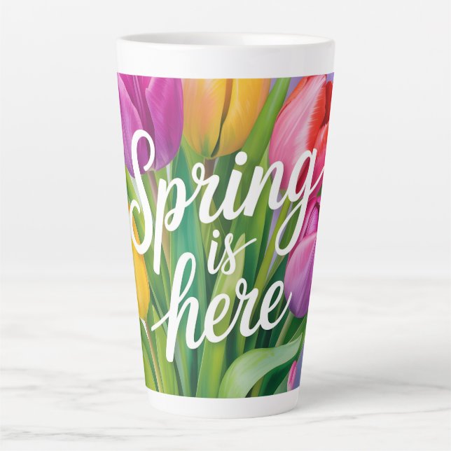 "Spring is Here" Tulip Bouquet Illustration Latte Mug (Front)