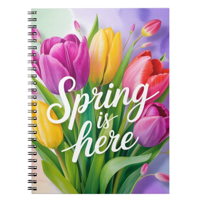 "Spring is Here" Tulip Bouquet Illustration Notebook (Front)
