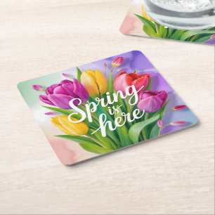 "Spring is Here" Tulip Bouquet Illustration Square Paper Coaster