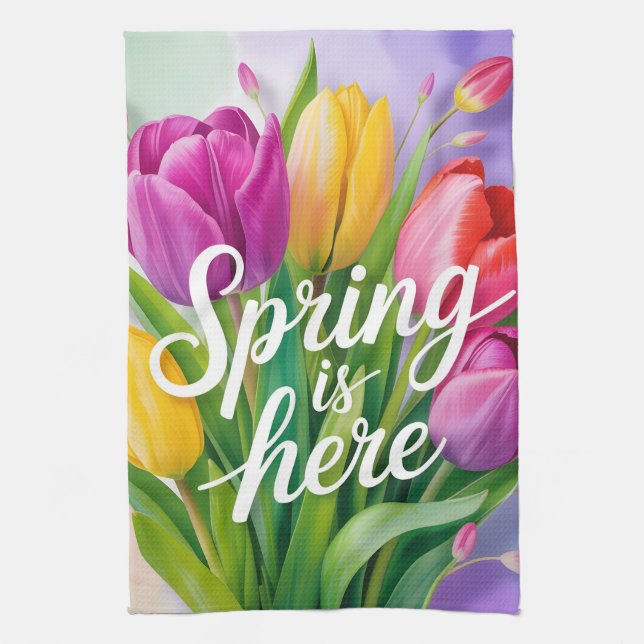 "Spring is Here" Tulip Bouquet Illustration Tea Towel (Vertical)