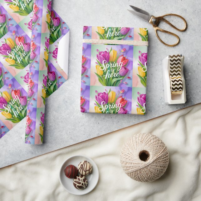"Spring is Here" Tulip Bouquet Illustration Wrapping Paper (Crafts)