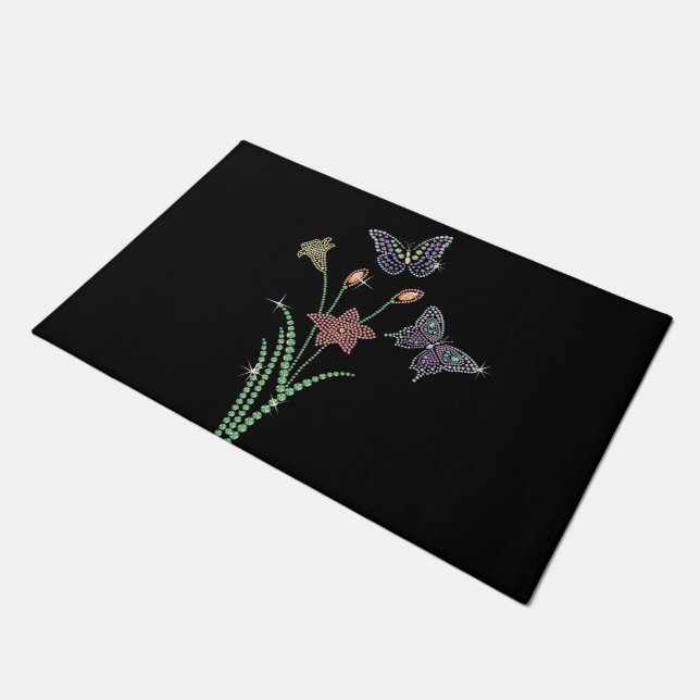Spring Jewelled Flowers Rhinestone Butterfly Doormat (Angled)