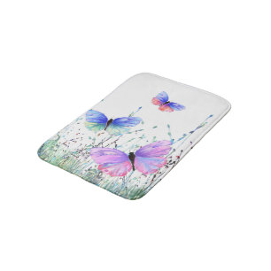 Spring Joy - Colourful Butterflies Flying in Natur Bath Mat