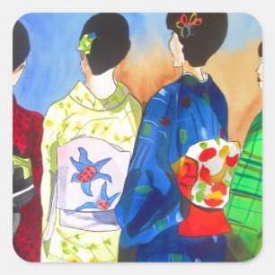Spring kimono Japanese Geisha art Square Sticker