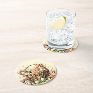 Spring Kitten Easter Basket  Round Paper Coaster