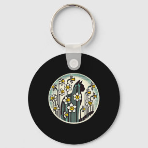 Spring Kitty Cat Illustration Daffodil Cats Easter Key Ring