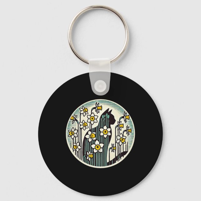 Spring Kitty Cat Illustration Daffodil Cats Easter Key Ring (Front)