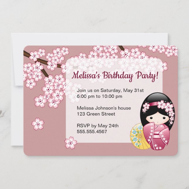 Spring Kokeshi Doll - Cute Geisha Birthday Party Invitation (Front)