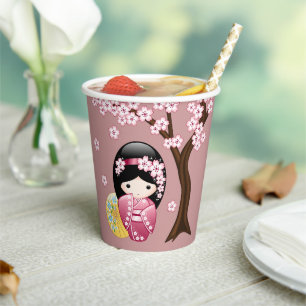 Spring Kokeshi Doll - Cute Geisha Girl on Pink Paper Cups