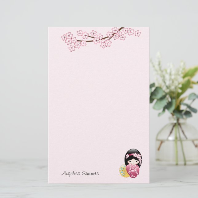 Spring Kokeshi Doll Cute Geisha Girl Pink Stationery (Standing Front)