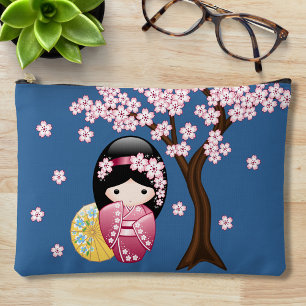 Spring Kokeshi Doll - Cute Japanese Geisha Blue Accessory Pouch