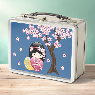 Spring Kokeshi Doll - Cute Japanese Geisha Blue Metal Lunch Box