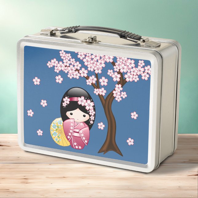 Spring Kokeshi Doll - Cute Japanese Geisha Blue Metal Lunch Box (Creator Uploaded)