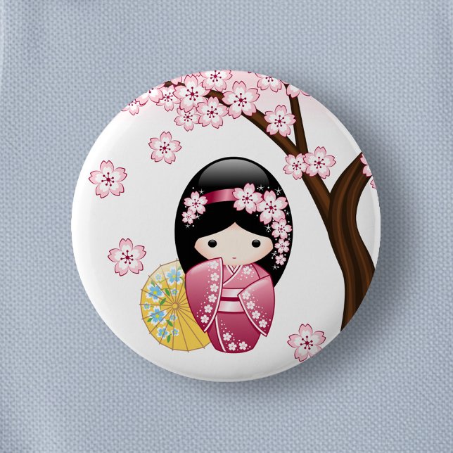 Spring Kokeshi Doll - Cute Japanese Geisha Girl 6 Cm Round Badge (Creator Uploaded)