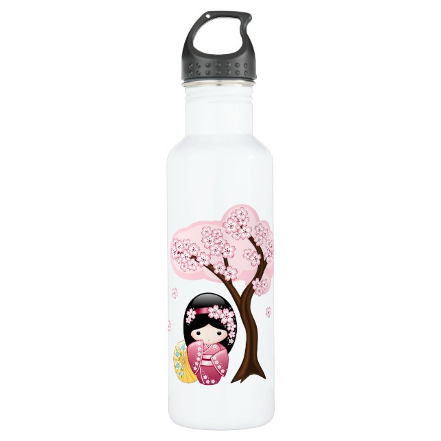 Spring Kokeshi Doll - Cute Japanese Geisha Girl 710 Ml Water Bottle (Front)
