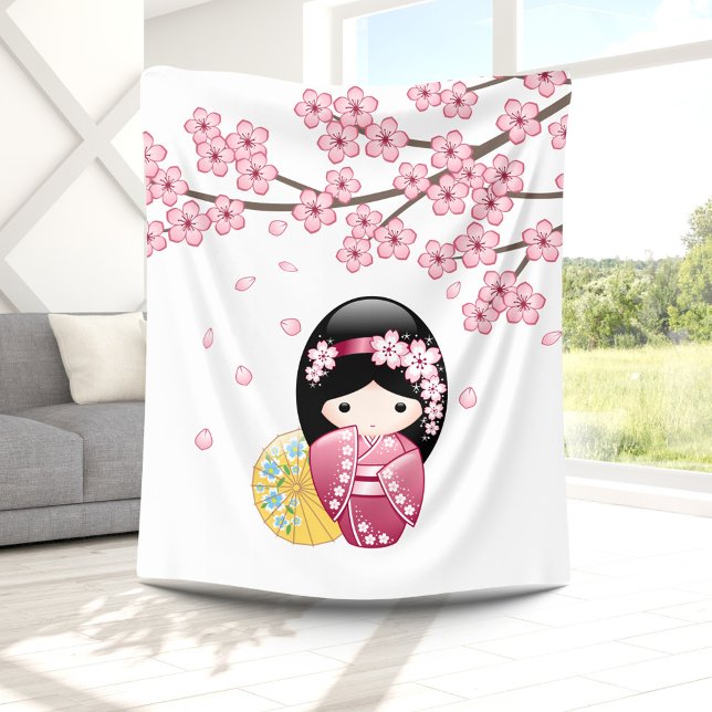 Spring Kokeshi Doll - Cute Japanese Geisha Girl Fleece Blanket (Creator Uploaded)