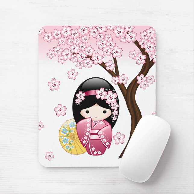 Spring Kokeshi Doll - Cute Japanese Geisha Girl Mouse Pad (With Mouse)