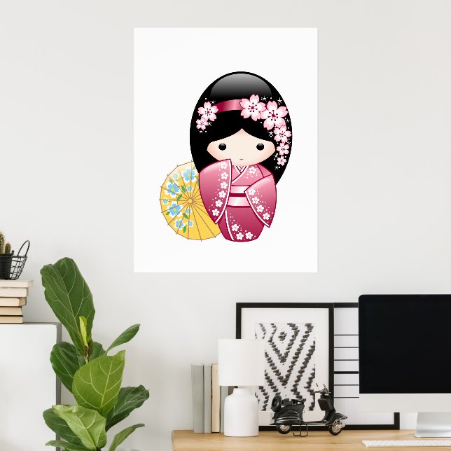 Spring Kokeshi Doll - Cute Japanese Geisha Girl Poster (Home Office)