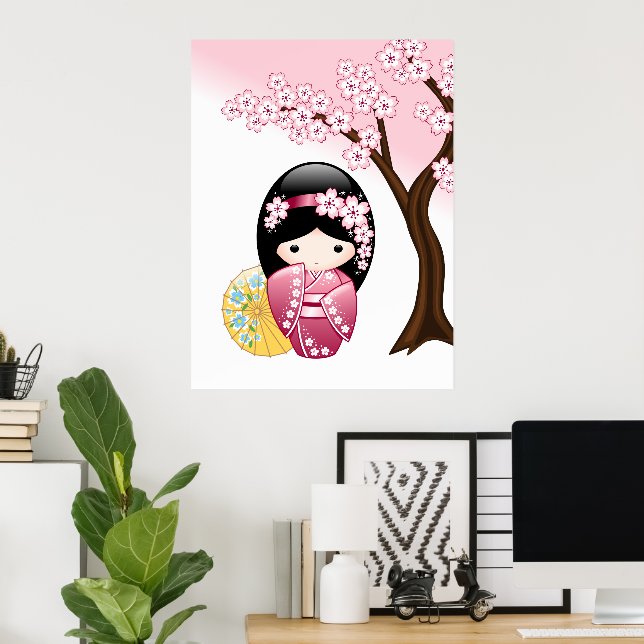 Spring Kokeshi Doll - Cute Japanese Geisha Girl Poster (Home Office)