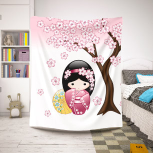 Spring Kokeshi Doll - Cute Japanese Geisha Girl Sherpa Blanket