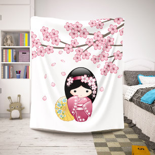Spring Kokeshi Doll - Cute Japanese Geisha Girl Sherpa Blanket