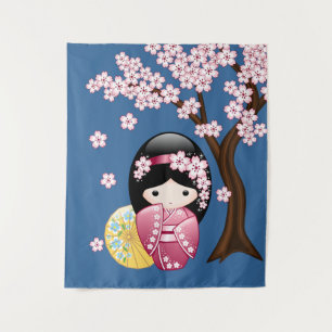 Spring Kokeshi Doll - Cute Japanese Geisha Girl Tapestry