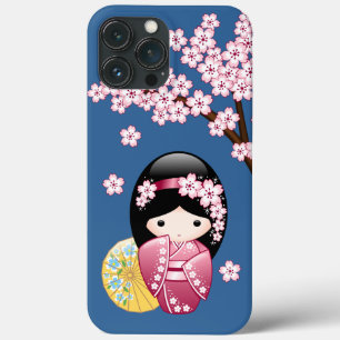 Spring Kokeshi Doll - Cute Japanese Geisha on Blue iPhone 13 Pro Max Case