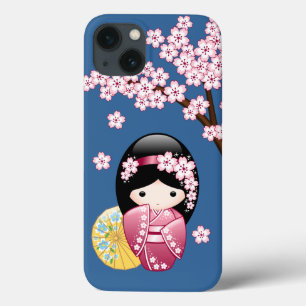 Spring Kokeshi Doll - Cute Japanese Geisha on Blue iPhone 13 Case