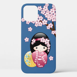 Spring Kokeshi Doll - Cute Japanese Geisha on Blue iPhone 12 Pro Case
