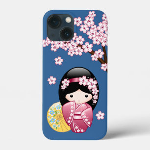 Spring Kokeshi Doll - Cute Japanese Geisha on Blue iPhone 13 Mini Case
