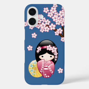 Spring Kokeshi Doll - Cute Japanese Geisha on Blue iPhone 16 Case