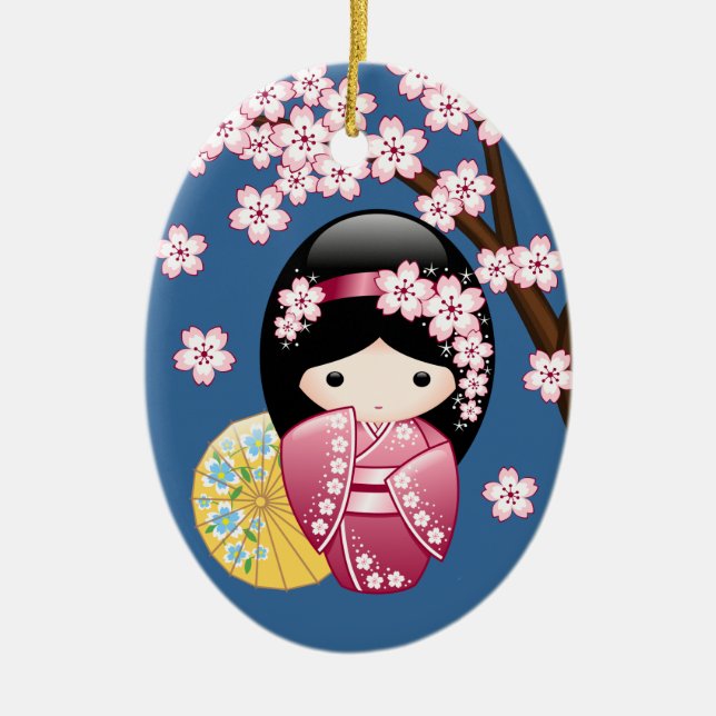 Spring Kokeshi Doll - Cute Japanese Geisha on Blue Ceramic Tree Decoration (Front)