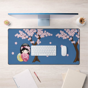 Spring Kokeshi Doll - Cute Japanese Geisha on Blue Desk Mat