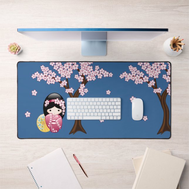 Spring Kokeshi Doll - Cute Japanese Geisha on Blue Desk Mat (Office 1)