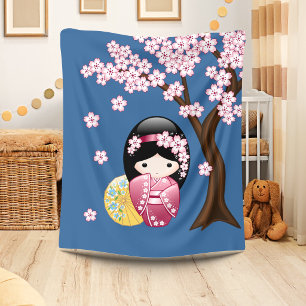 Spring Kokeshi Doll - Cute Japanese Geisha on Blue Fleece Blanket