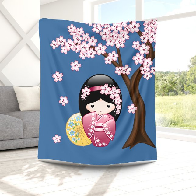 Spring Kokeshi Doll - Cute Japanese Geisha on Blue Fleece Blanket (Creator Uploaded)