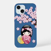 Spring Kokeshi Doll - Cute Japanese Geisha on Blue