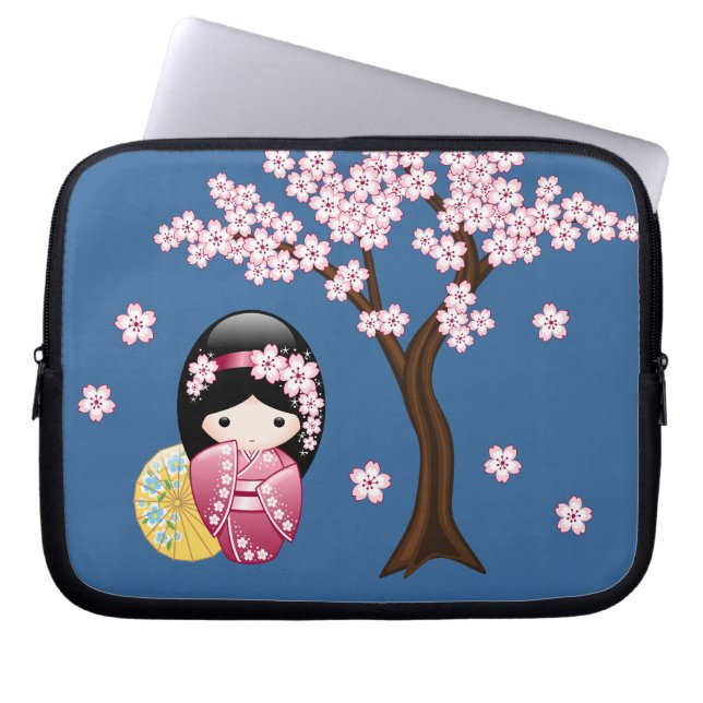 Spring Kokeshi Doll - Cute Japanese Geisha on Blue Laptop Sleeve (Front)