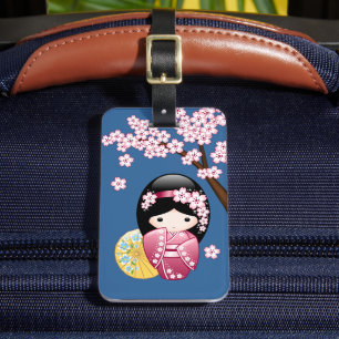 Spring Kokeshi Doll - Cute Japanese Geisha on Blue Luggage Tag