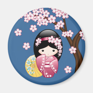 Spring Kokeshi Doll - Cute Japanese Geisha on Blue Magnet
