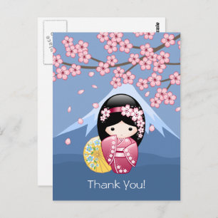 Spring Kokeshi Doll - Cute Japanese Geisha on Blue Postcard