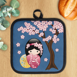 Spring Kokeshi Doll - Cute Japanese Geisha on Blue Pot Holder