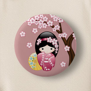 Spring Kokeshi Doll - Cute Japanese Geisha on Pink 6 Cm Round Badge