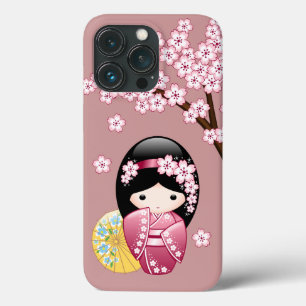 Spring Kokeshi Doll - Cute Japanese Geisha on Pink iPhone 13 Pro Case